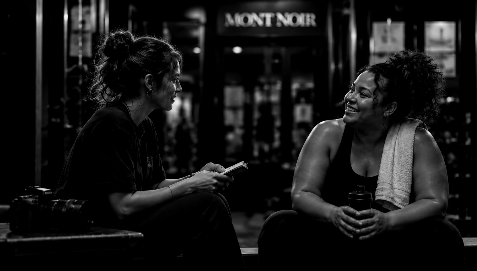 La chargée de communication MONT NOIR échange avec une adhérente souriante après sa séance, appareil photo posé à côté